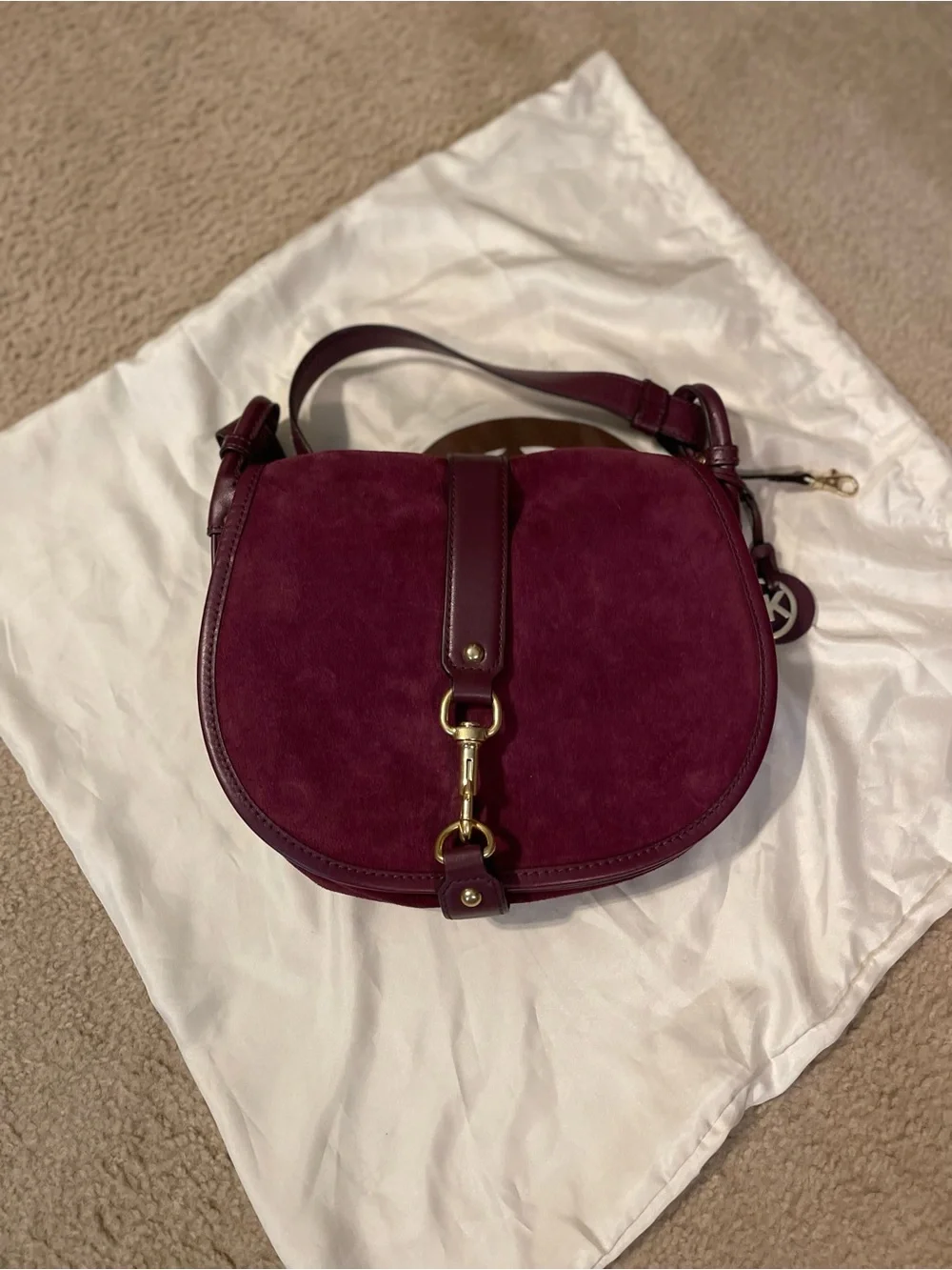 Michael Kors Plum Suede Saddle Bag with Brass Hardware